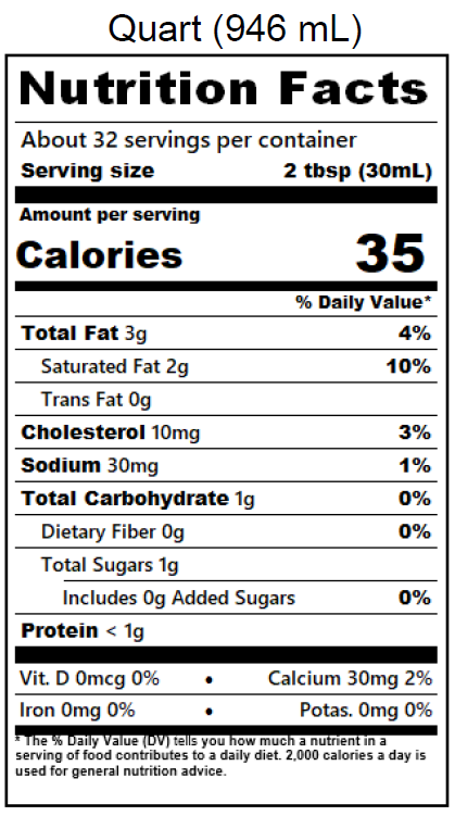 Half & Half Nutrition Label - Quart